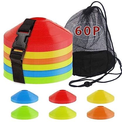 60-Pack Soccer Cones - Agility Flat Disc Cones with Carry Bag & Strap - Small Training Field Markers for Football Basketball Lacrosse - Indoor/Outdoor Sport Drills