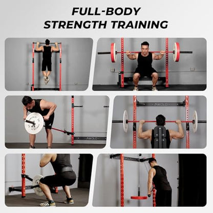Mikolo 2" x 2" Folding Wall Mounted Squat Rack, 1000 Pounds Capacity Power Rack with Pull Up Bar, J Hooks and Other Attachments, Space-Saving Home Gym - color: Red, style: Squat Rack with Safety Catches