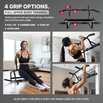 DMoose Fitness Pull Up Bar for Doorway - Upto 250 Lbs Capacity, No Screwing or Slipping, Hanging Pullup & Chin Up Bar for Door Frame - Multi Padded Grips for Strength Training with Installation Guide
