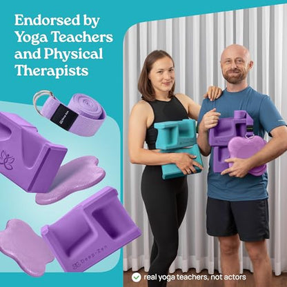 PRO Yoga Blocks | Ergonomic Yoga Block 2 Pack for Wrist Comfort and Support | EVA Foam Exercise Blocks, 2x Knee Pads & Yoga Strap | Pilates Block Set | Bricks to Eliminate Wrist Pain - color: Purple