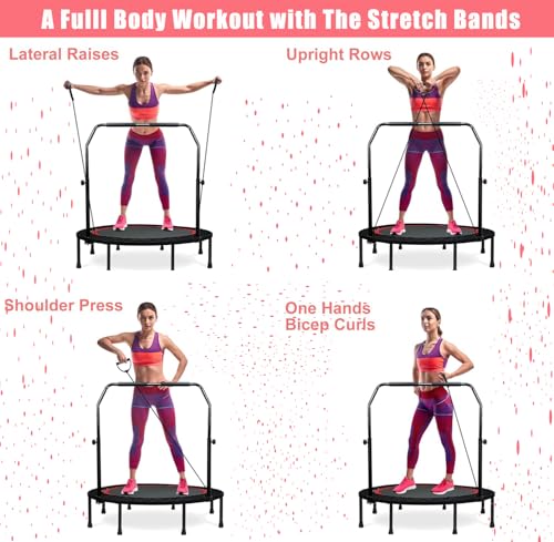 40" Foldable Mini Trampoline for Kids & Adults, Fitness Rebounder with 5-Level Adjustable Foam Handle, Max Load 450 lbs, Indoor/Outdoor Exercise Trampoline for Home Workouts (Red)