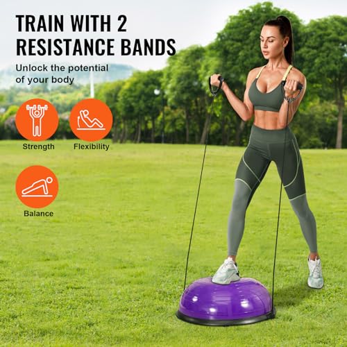VEVOR Half Exercise Ball Trainer, 23/26 inch Balance Ball Trainer, 1500lbs Capacity Stability Ball, Yoga Ball with Resistance Bands & Foot Pump, Strength Fitness Ball for Home Gym Full Body Workout - color: 23" Ripple Purple