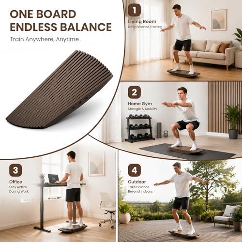 Wooden Balance Board 440Lbs - Anti-Fatigue Rocker Board for Standing Desk, 3D Curve Design for Core Strength & Physical Therapy, Balance Trainer for Surfing or Skateboarding