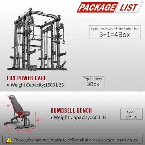 Smith Machine with Cable Crossover System, Multi-Function Power Cage Squat Rack for Home Gym, Power Rack and Packages Weight Sets.