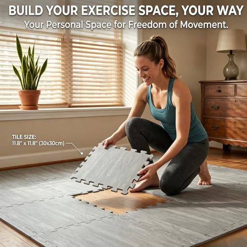 Tebery 16 Pieces Printed Wood Grain Interlocking Floor Tiles 3/8-Inch Thick EVA Foam Grey Puzzle Floor Mat
