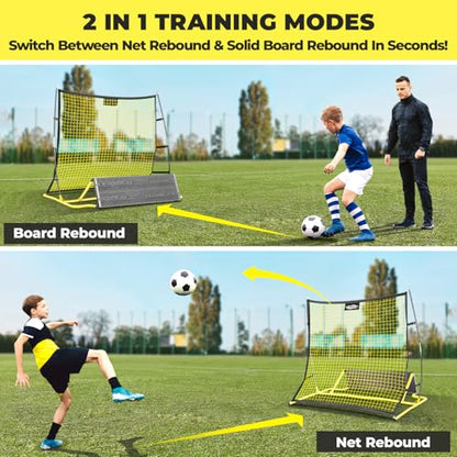 2 in 1 Soccer Rebounder Net & Board, Dual-Sided Rebounder for Solo/Team Practice, High-Bounce Soccer Bounce Back Net for Passing,Volley, Football Trainer Net with Board Wall for All Players