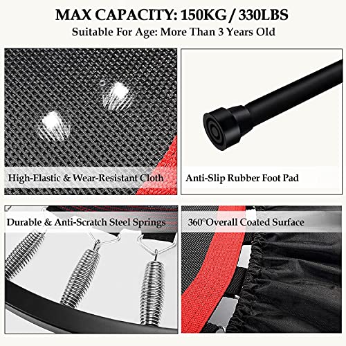 40'' Fitness Trampoline with 4 Levels Height Adjustable Foam Handle, Foldable Mini Rebounder for Adults Home Indoor Workout, 6-Leg Exercise Trampoline, Max Load 330lbs