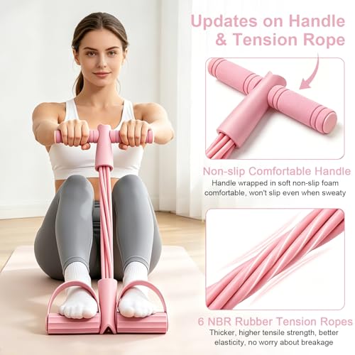 Pedal Resistance Band with Handle, 6-Tubes Tesistance Bands with Handles, Natural Rubber Foot Pedal Resistance Band, Multifunctional Exercise Bands for Abdomen, Waist, Arm, Leg - Pink
