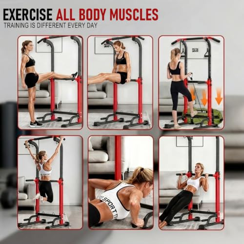 Power Tower Pull Up Bar,Pull-Up Rack Dip Station,Height Adjustable Multi-functional Home Strength Training Gym Equipment, Save Space,People Below 6 feet - color: Red
