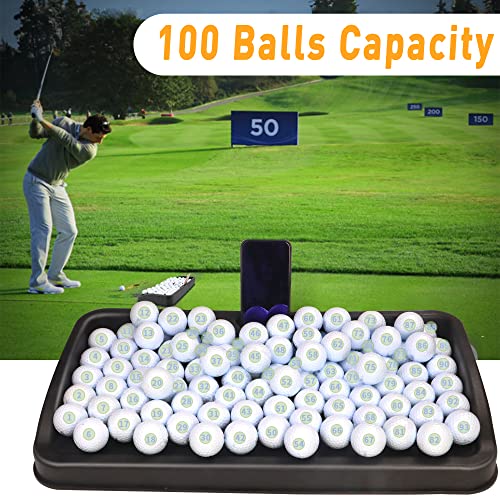 Heavy Duty Golf Ball Tray - with Cell Phone Holder Record Golf Swing - 100 Ball Capacity - High Impact Rubber Golf Tray Compatible with All Hitting Mats