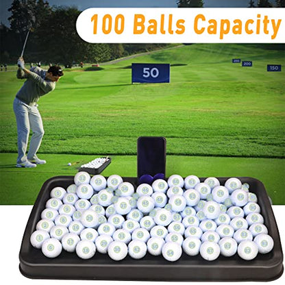 Heavy Duty Golf Ball Tray - with Cell Phone Holder Record Golf Swing - 100 Ball Capacity - High Impact Rubber Golf Tray Compatible with All Hitting Mats