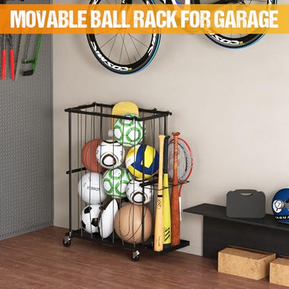 Garage Ball Storage With Baseball & Badminton Holder: Floor Sports Equipment Organizer, Sports Ball Rack With Elastic Rope, Ball Holder for Basketball, Soccer, Volleyball, Football, Garage, Gym, Black - size: Small, style: With Wheels And Bat Holder,Recta