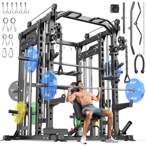 Smith Machine with Cable Crossover System, Multi-Function Power Cage Squat Rack for Home Gym, Power Rack and Packages Weight Sets.