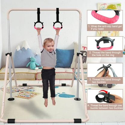 Expandable Gymnastics Bars, Adjustable Height Gymnastic Horizontal Bars, Children Folding Training Bar for Kids - color: Beige