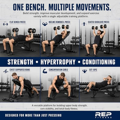 REP Adjustable Weight Bench | Home Gym Equipment | Foldable Workout Platform | Flat Incline Decline FID Design | Compact Strength Training Chair | Fitness Bench AB-3100