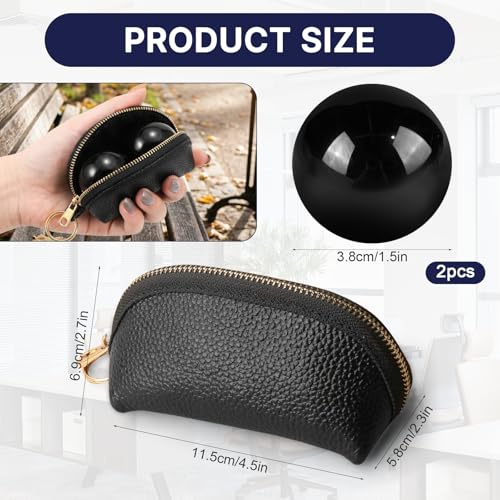 Hand Exercise Balls Set of 2, Chinese Stress Relief Baoding Balls with Leather Pouch - color: Black