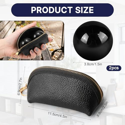 Hand Exercise Balls Set of 2, Chinese Stress Relief Baoding Balls with Leather Pouch - color: Black