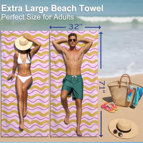 Microfiber Beach Towel Sand Free Quick Dry Oversized Modern Wavy Striped Retro Pink Gold Magenta Pattern for Adults Pool Travel Gym Camping 71 x 32 Inches 1 Pcs - color: Wavy