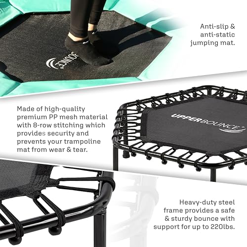 Upper bounce Mini Workout Trampoline Adjustable tshaped handrail – Hexagonal rebounder Trampoline Kids & Adults – Fitness Recreational Trampolines, Supports up 220lbs. (Green, 40 Inches)