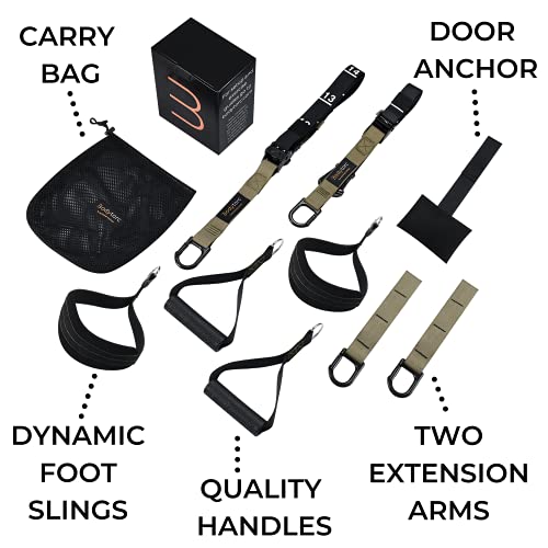Suspension Trainer, Bodyweight Training Straps for Full Body Workouts at Home, Includes Door Anchor, Extension Arms and Advanced Foot Straps. Green