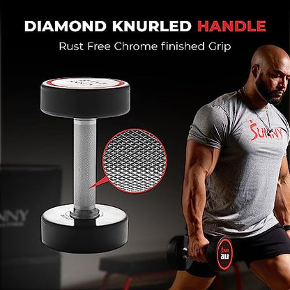 Sunny Health & Fitness Premium Polyurethane Commercial Grade Round Dumbbells with Diamond Knurled Handle, Durable Strength Training Equipment for Home Gym, 5-50LB - color: 15-Pound (Pair)