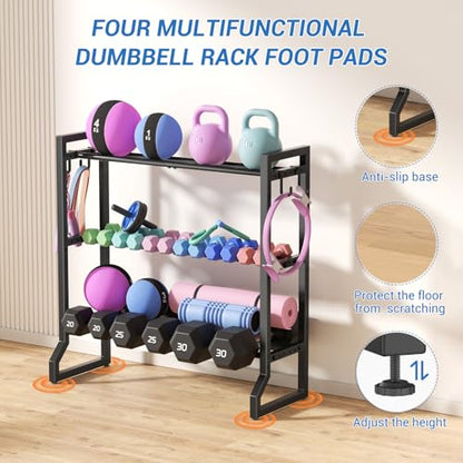 VOPEAK 3 Tier Dumbbell Rack, 400LB Capacity Dumbbell Rack Stand with 4 Hooks, Space-Saving Weight Rack for Home Gym, Weight Storage Organizer for Kettlebells (Rack Only)