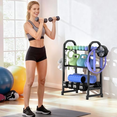 3 Tier Dumbble Rack - 360LB Capacity Adjustable Dumbbell Storage Rack Space-Saving Home Gym Weight Rack For Dumbbells And Kettlebells With Hooks (Dumbbell Rack Stand Only)