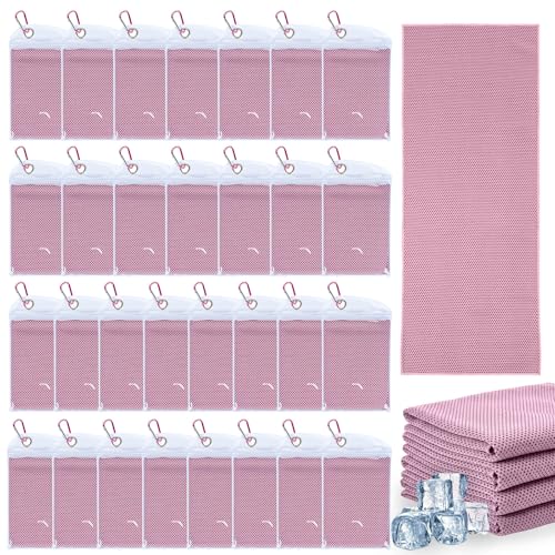 Honoson 30 Pack Cooling Towels 27"x16" Microfiber Neck Cooling Towel with Pouches, Reusable Sports Towel for Gym Running Golf Workout Outdoor Heat(Pink)
