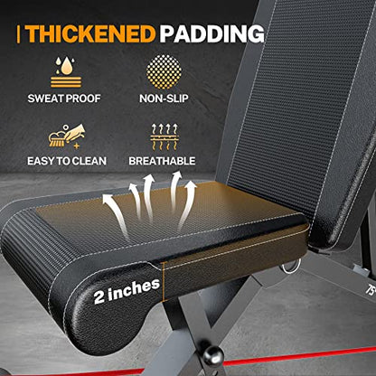 Adjustable Weight Bench, Full Body Workout Bench for Home Gym, Multi-Purpose Small Lightweight Bench with Workout Poster & Resistance Bands, Folding Weight Bench Super Easy Assembly
