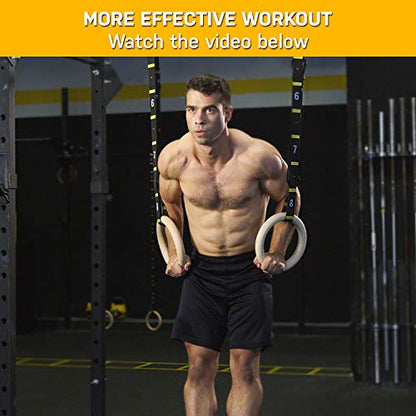 Double Circle Wood Gymnastics Rings with Quick Adjust Numbered Straps and Exercise Videos Guide - Full Body Workout Rings, Calisthenics, Home Gym (Multi-Size) - style: Rings & Straps - Extra Long