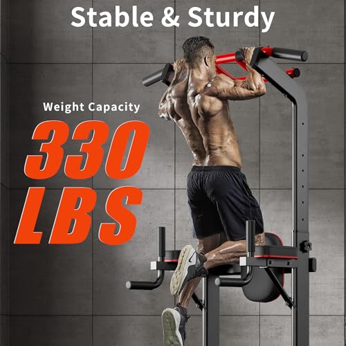 DlandHome Pull Up Bar Power Tower Dip Station, Height Adjustable Heavy Duty Workout Dip Stand, Multi-Functional Strength Training Machine for Men Women Home Gym - color: Black