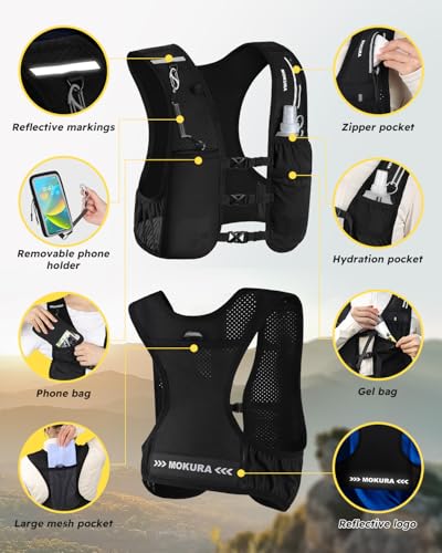 Running Vest for Women Men, Lightweight Hydration Vest with 500ML Soft Flask & Phone Holder, Reflective Running Backpack, Adjustable Run Pack Water Bottle, Runner Marathon Essentials