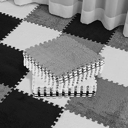 36 Pack Plush Foam Floor Mat Square Interlocking Carpet Tiles with Border Fluffy Play Mat Floor Tiles Soft Climbing Rugs for Bedroom Playroom, 12 x 12 x 0.4 in(Black, White, Gray) - color: Black, White, Gray