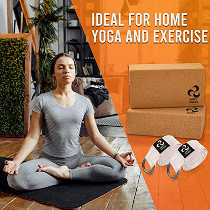 Stretching Straps and Yoga Blocks - Yoga Beginner Kit for Pilates & Gym - style: 2 straps + 2 CORK blocks