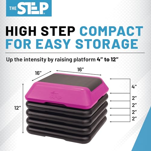 Adjustable High Step Aerobic Platform with 4 Risers, Home Gym Workout Equipment, Fitness Exercise Equipment Made in the USA - color: Pink