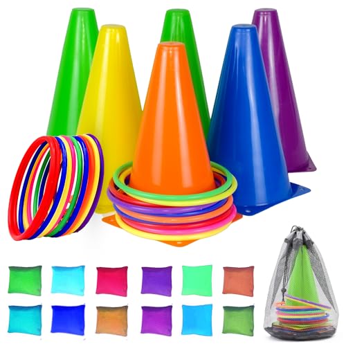 31 Pcs. Plastic Cones and Rings Games Ring Toss Games for Adults, Carnival Games for Kids, Bean Bag for Kids Games Birthday Party, Yard Game, Sports & Outdoor Game for Family Party