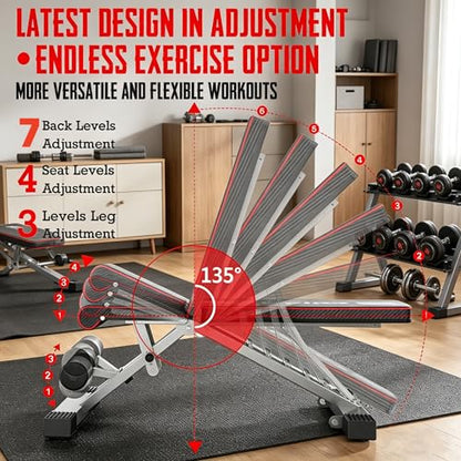 Adjustable Weight Bench for Bench Press, Heavy Duty Stable Workout Bench Foldable Weight Benches for Home Gym, Incline/Decline 90 Degree Bench Exercise Bench