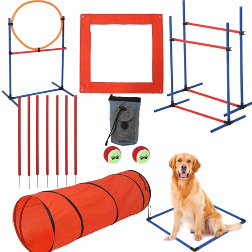 CuisinSmart Dog Agile Course Backyard Set, Dog Obstacle Course Backyard with 2-Set Agility Hurdle,Jump Ring, Tunnel, Pause Box, 8 Weave Poles, Toy Balls & Portable Storage Bags,Dog Agility Equipment