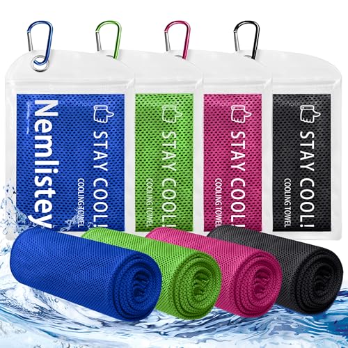 4 Pack Cooling Towels, Soft Breathable Cooling Towels for Neck and Face, Microfiber Gym Towels for Men and Women with Waterproof Bag & Carabiner, Sweat Towel for Yoga, Golf, Hiking, Running