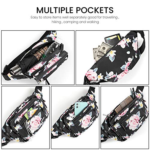 CXWMZY Fanny Packs For Women & Men Waist Pack Hip Bum Bag with Multi-Pockets Large Capacity Waterproof Casual Bum Bag for Disney Traveling Casual Cycling Running Hiking - color: Black_Flower