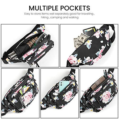 CXWMZY Fanny Packs For Women & Men Waist Pack Hip Bum Bag with Multi-Pockets Large Capacity Waterproof Casual Bum Bag for Disney Traveling Casual Cycling Running Hiking - color: Black_Flower