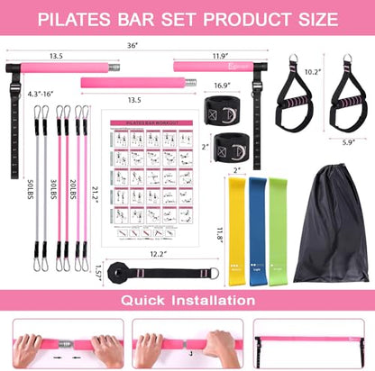 Pilates Bar Kit with Resistance Bands,Pilates Bar with Stackable Bands Workout Equipment for Legs,Hip,Waist and Arm,Exercise Fitness Equipment for Women & Men Home Gym Yoga Pilates - color: Baby Pink