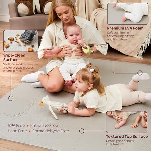 Foam Play Mat for Floor - 36 Interlocking Tiles 71x71 in, 0.6" Thick Puzzle Mat for Baby, Toddler & Home Gym, Cross-Texture EVA Foam, Edge Borders Included, Solid Gray