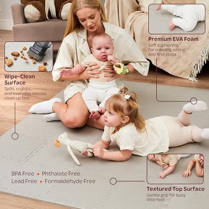 Foam Play Mat for Floor - 36 Interlocking Tiles 71x71 in, 0.6" Thick Puzzle Mat for Baby, Toddler & Home Gym, Cross-Texture EVA Foam, Edge Borders Included, Solid Gray