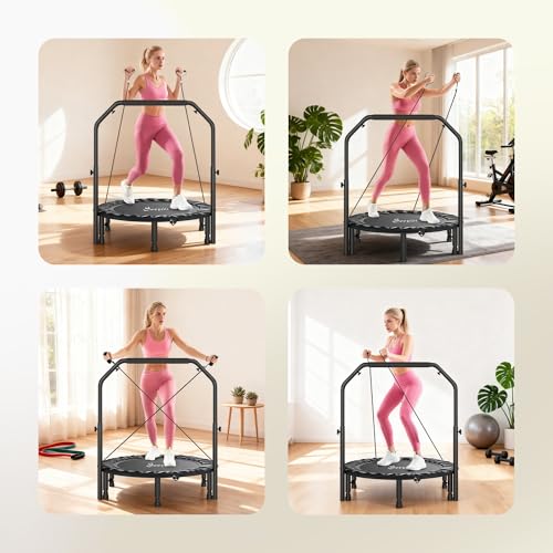 Soozier 40" Foldable Mini Trampoline, Rebounder Trampoline for Adults with Adjustable Foam Handle and Resistance Bands, Fitness Rebounder for Indoor Outdoor Workout, Max Load 330 lbs