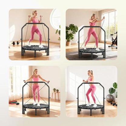 Soozier 40" Foldable Mini Trampoline, Rebounder Trampoline for Adults with Adjustable Foam Handle and Resistance Bands, Fitness Rebounder for Indoor Outdoor Workout, Max Load 330 lbs