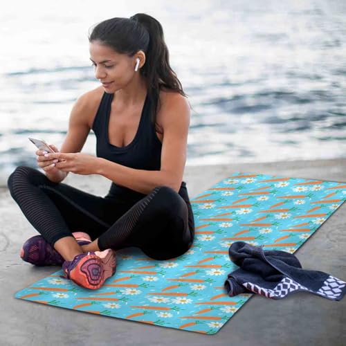 Carrots Daisies Blue Thin Yoga Mat for Women Men, Non-Slip Rubber Base Sweat Absorbent Exercise Mat for Indoor/Outdoor, Portable Foldable with Storage Bag, 71"x26"