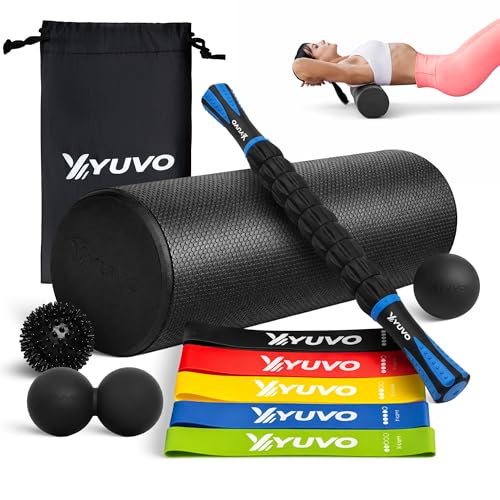 6-in-1 Foam Roller Recovery Set - 18" Trigger Point Muscle Roller, Massage Stick, 5 Resistance Bands, Massager Balls Kit with Carrying Bag - Full Body Recovery, Stretching & Exercise Equipment