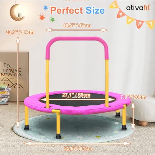 ATIVAFIT 36-Inch Toddler Trampoline with Foam Handle, Foldable Indoor Outdoor Mini Rebounder for Kids Ages 2–6 - color: Pink and yellow