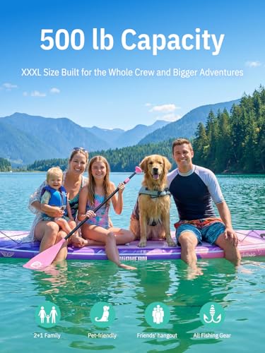 Niphean (Extra Large) Inflatable Paddle Board, SUP for 2+1 People/Family 500lbs Capacity Stand Up Paddle Board with SUP Accessories, StabilTrac Fin Non-Slip Paddleboard for Adults - color: Violet